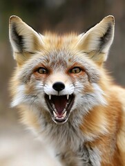 Obraz premium A fierce red fox showing its teeth while growling in nature's beautiful backdrop : Generative AI