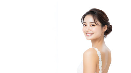 Naklejka premium Korean woman wearing a white dress with a rose pattern smiling isolated