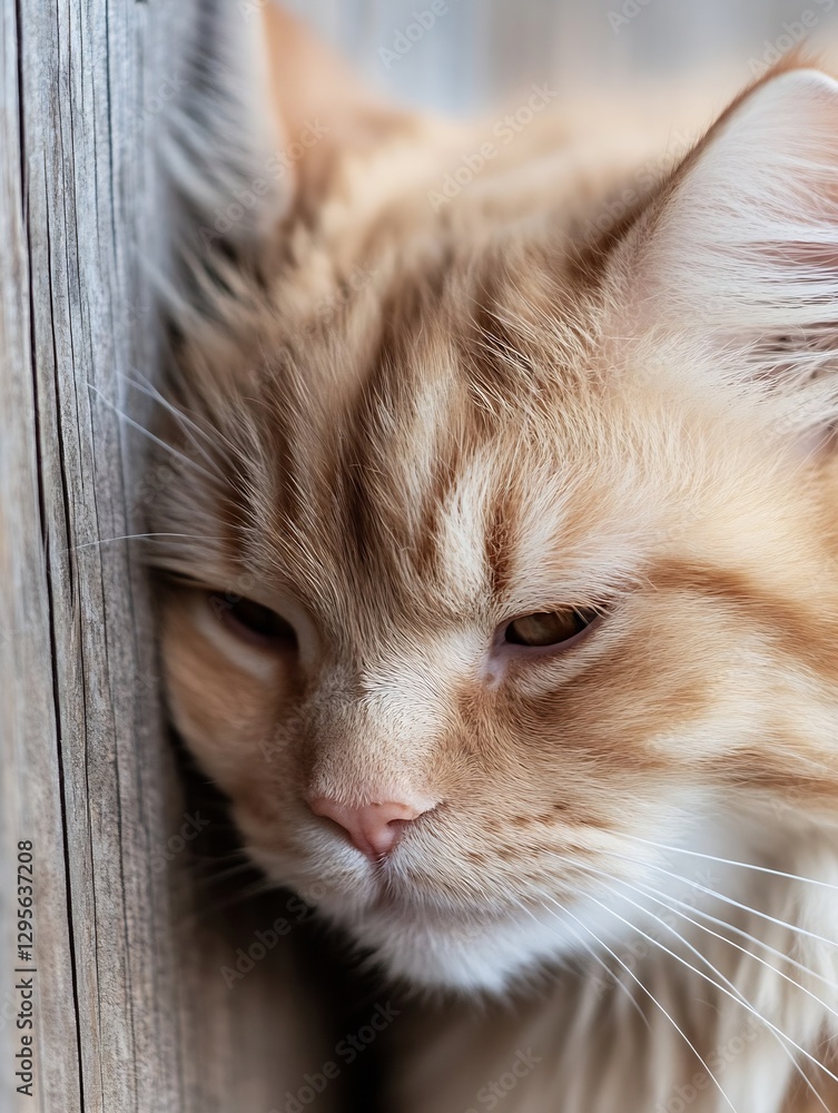Aufkleber closeup of a sleepy orange cat resting against a wooden surface showcasing its soft fur and serene e