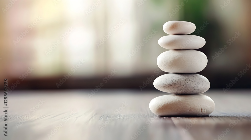Poster zenlike arrangement of smooth stones stacked harmoniously on a wooden surface with a blurred backgro
