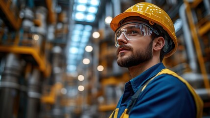 Young Worker in Safety Gear Observing Industrial Environment, Wearing Hard Hat and Protective Glasses, Focused on Future Opportunities in Manufacturing Sector