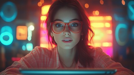 Young Woman with Glasses Concentrating on Digital Device in Neon-Lit Room, Capturing the Vibe of Modern Technology and Urban Lifestyle