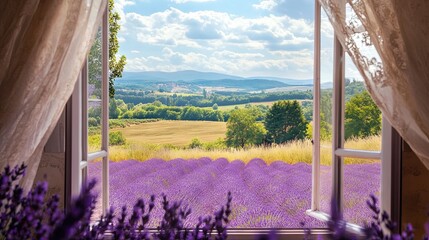Fototapeta premium A stunning view of vibrant lavender fields seen through a window with open curtains, showcasing the splendor of nature