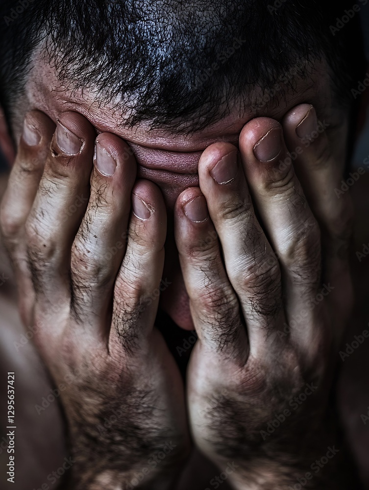 Aufkleber close up of a man with hands over his face showing deep sadness and emotional struggle in a dark atm