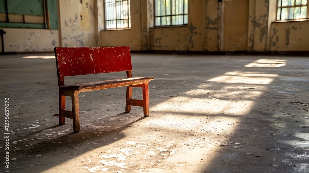 Poster old vintage red bench in abandoned building with captivating sun rays casting shadows on cracked flo