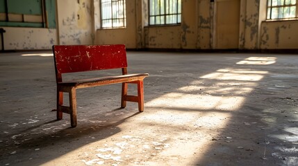 Old vintage red bench in abandoned building with captivating sun rays casting shadows on cracked floor : Generative AI