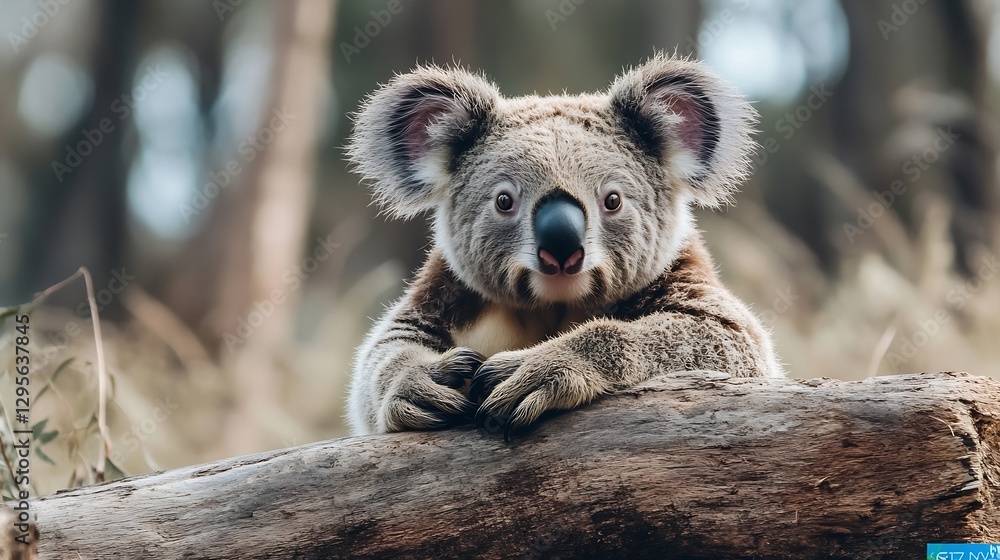 Poster adorable koala bear cuddling on a log surrounded by greenery in a serene habitat : generative ai