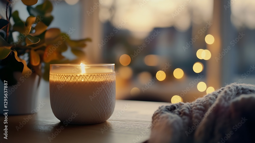 Poster cozy ambiance of a candle lit in a jar with warm bokeh lights in the background : generative ai