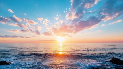 Obraz premium Stunning Sunrise Over the Ocean with Beautiful Clouds Lighting Up the Sky : Generative AI