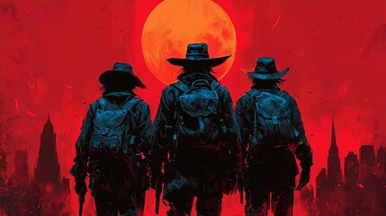 A group of three men standing in front of a red sunset
