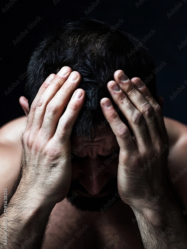 Poster a portrait of a distressed man holding his head in despair against a dark backdrop : generative ai