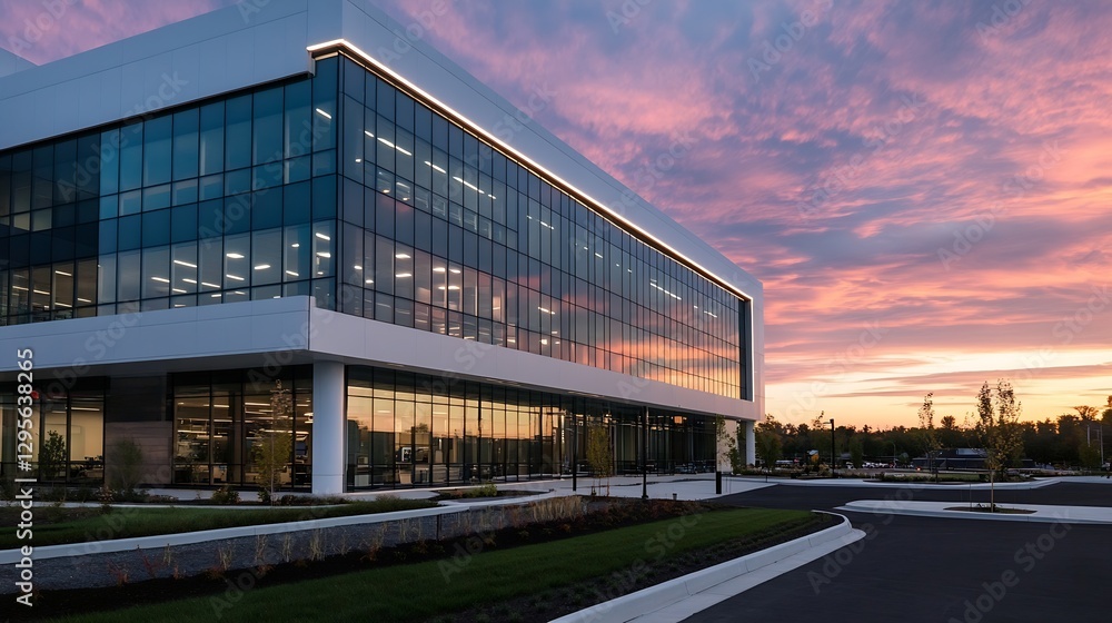Aufkleber modern glass office building with sunset sky in background reflecting colors for architecture lovers