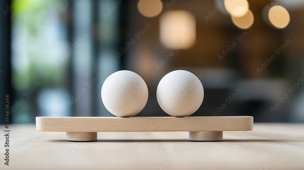 Poster minimalistic wooden balance toy with two unpainted spheres on a light table : generative ai