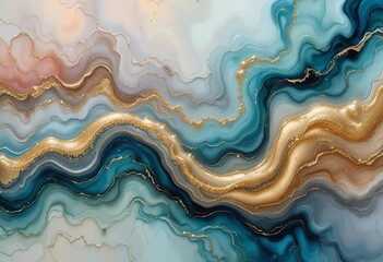 Fototapeta premium An abstract painting with fluid golden swirls and transparent waves in shades of blue, green, and purple