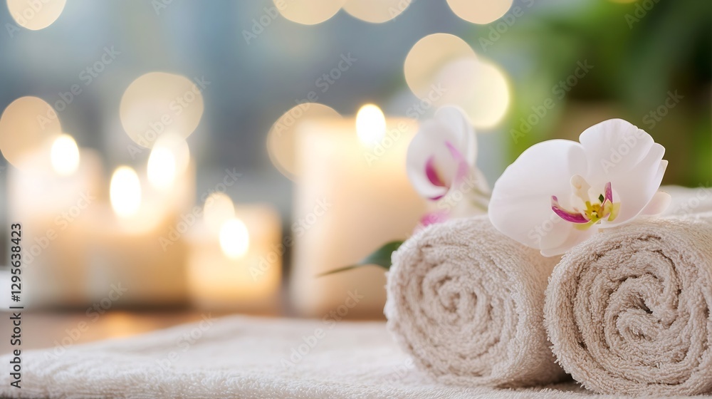 Poster relaxing spa setup with rolled towels candles and orchid flower for a serene ambience : generative a