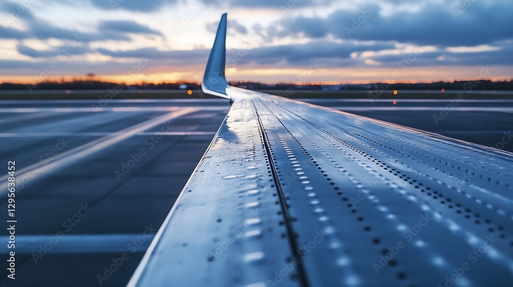 Poster Aircraft wingtip photographed at sunset reflecting clouds and runway in the background : Generative AI