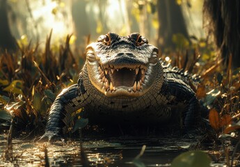 Fototapeta premium Fierce Alligator in a Marshy Environment with Sunlight Filtering Through Dense Vegetation Highlighting its Textured Skin and Powerful Stance