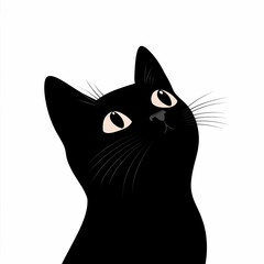 A curious black cat gazing upward with wide, attentive eyes. Isolated against a clean, white background, its sleek silhouette is eye-catching.