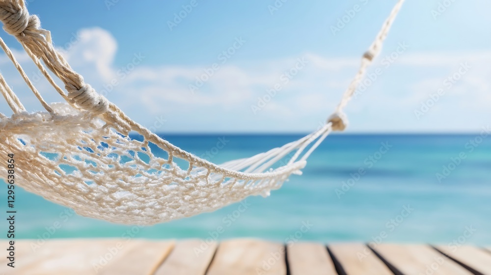 Poster relaxing beach hammock overlooking serene ocean waters with clear skies and sunlight : generative ai