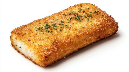 Crispy Breaded Fish Fillet with Herbs on a White Background