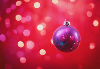 Obraz premium Close-up of a Christmas tree decoration with a pink ball hanging on it, against a red background with blurred lights and bokeh in the background