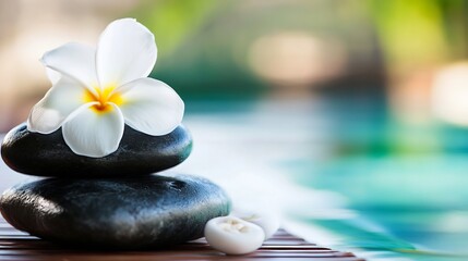 Serene Spa Stones with White Flower for Relaxation and Wellness in Natural Setting : Generative AI