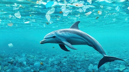 Obraz premium Dolphin Swimming Through Ocean Pollution Highlighting Environmental Issues of Marine Life and Plastic Waste Crisis
