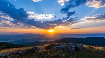 Obraz premium Breathtaking Sunset Over Rolling Hills with Dramatic Cloud Formation : Generative AI