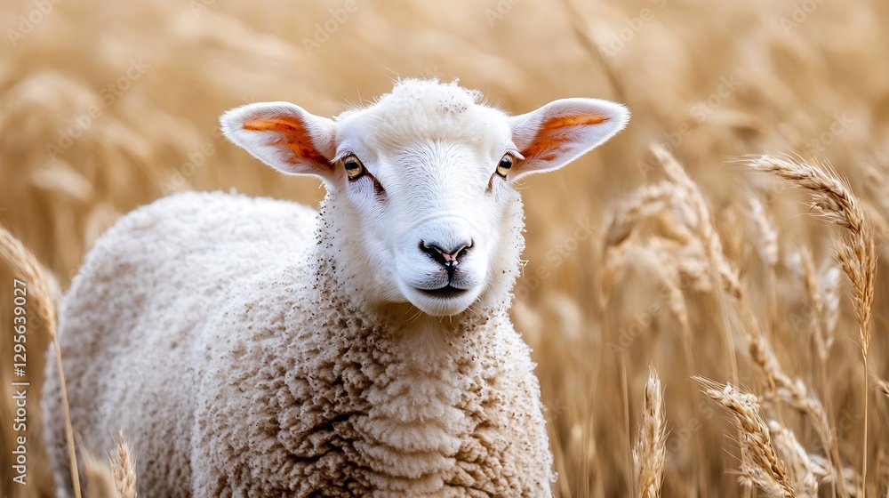 Poster CloseUp of a Playful Sheep in a Field Surrounded by Golden Grass : Generative AI