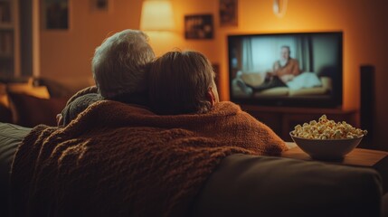 A couple of older people are watching television and eating popcorn. Generative AI