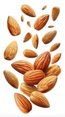 Floating almonds isolated on white background - A collection of raw almonds appearing to float in midair, isolated on a white background, showcasing their natural texture and details.  

