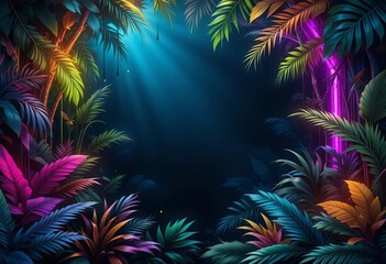 A neon jungle scene with palm trees and vibrant colors