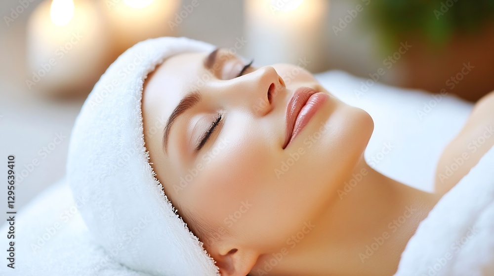 Poster close up of a beautiful woman relaxing at a spa with a towel on her head and a peaceful expression o