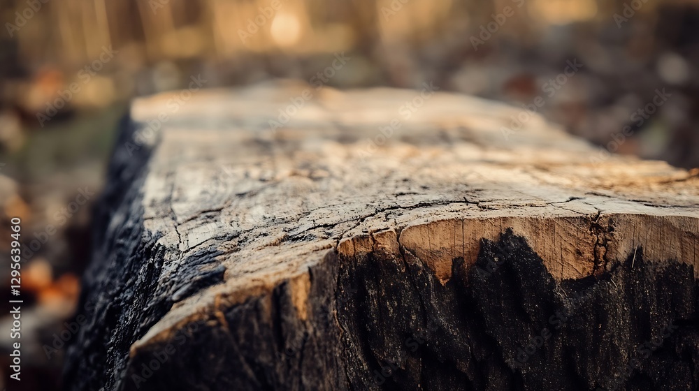 Aufkleber Close-up view of a weathered log in the forest showcasing natural textures and warm colors : Generative AI