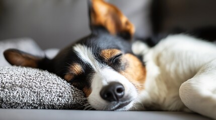 Adorable sleeping dog curled up cozy on soft pillow creating a peaceful and heartwarming moment : Generative AI