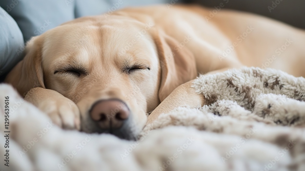 Poster Adorable sleeping yellow Labrador retriever curled up on a soft blanket in a cozy living room setting : Generative AI