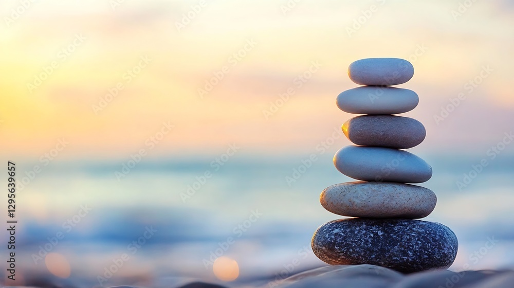 Poster tranquil stack of smooth stones on a beach with soft sunlight promoting serenity and balance : gener