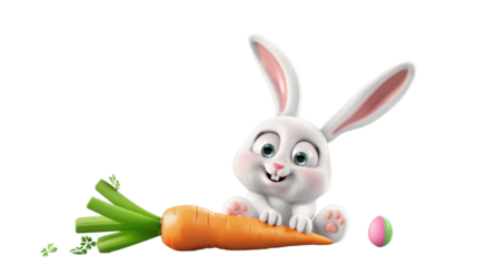 Happy easter bunny hugging carrot with decorated egg on transparent background