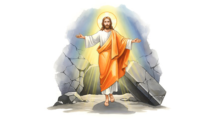 Jesus Christ Emerging from Tomb Depicted in Watercolor Illustration Style