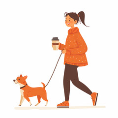 A young woman walks her dog while carrying a to-go coffee cup. A relaxed, healthy lifestyle in simple vector art style.
