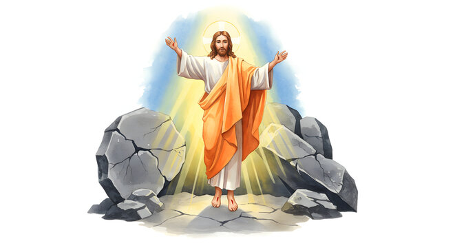 Jesus Christ Resurrection with Open Arms Surrounded by Stone Illustration