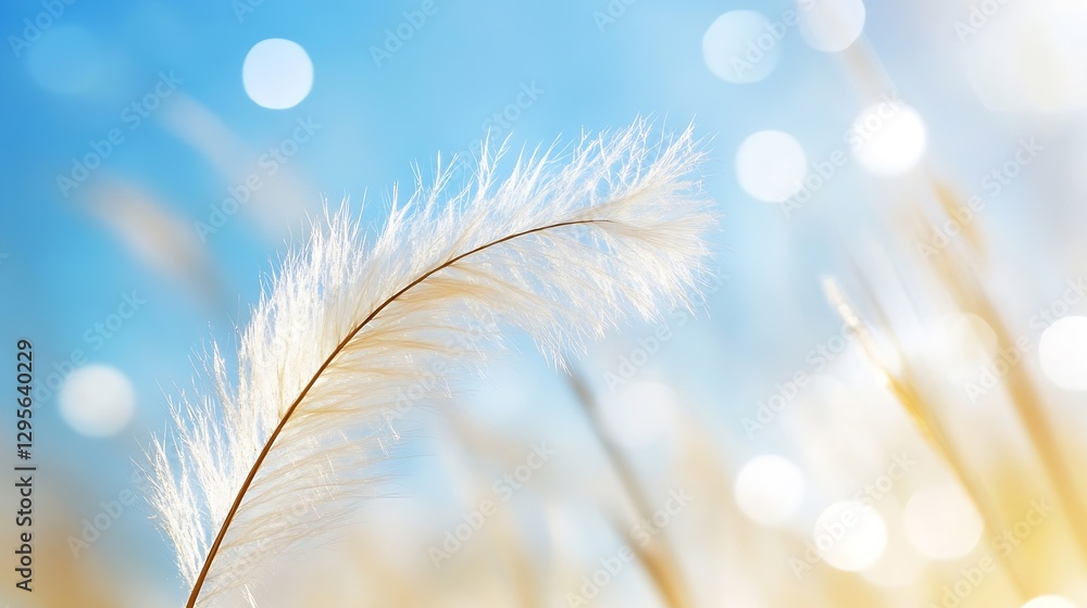 Poster delicate soft grass blades glowing in gentle sunlight with sparkling bokeh background : generative a