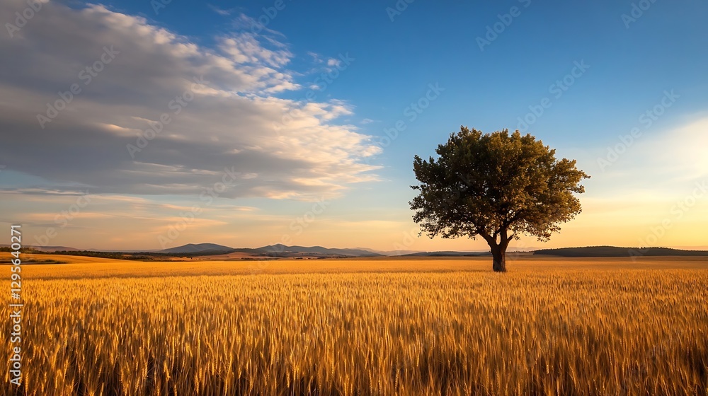Poster Isolated tree in a golden wheat field under a bright sky with soft clouds during sunset : Generative AI