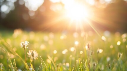 Fototapeta premium Golden sunlight shining through grass and flowers creating a warm and inviting atmosphere : Generative AI
