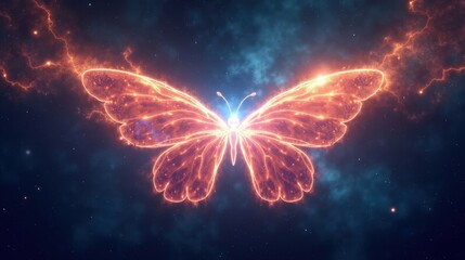 A nebula shaped like an immense cosmic butterfly, glowing wings of Vector Art gas and dust stretching across the universe, starlight illuminating its delicate tendrils.