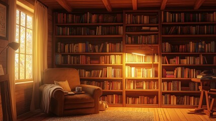 Cozy reading nook with warm light illuminating bookshelves and a comfortable chair in a rustic wooden room