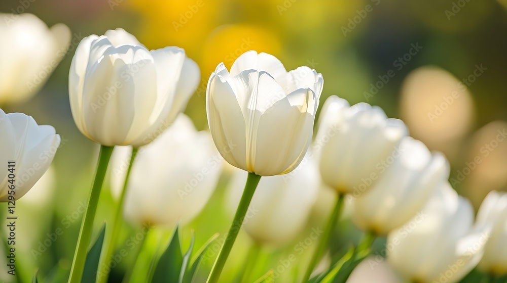 Aufkleber beautiful white tulips blooming in garden with soft sunlight creating blurred background : generativ