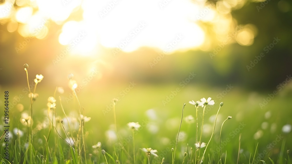 Poster soft focus on delicate white flowers in sunlit green field creating a dreamy atmosphere : generative