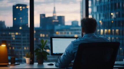 Man Working Late at Night in a Modern Office Overlooking City Skyline : Generative AI