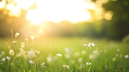Fototapeta premium Soft Focus on Delicate White Flowers in Sunlit Green Field Creating a Dreamy Atmosphere : Generative AI